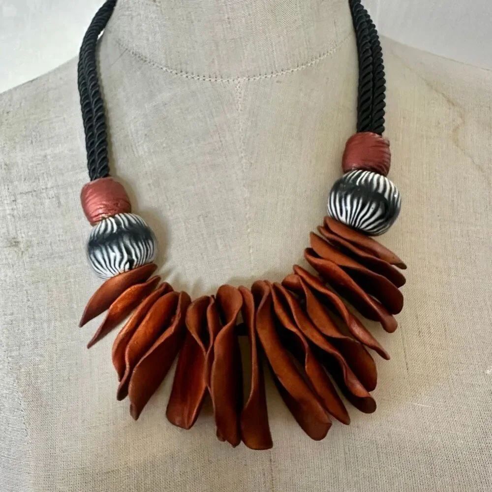 VM Signed Artisan Sculptural Statement Necklace – Terracotta Petals & Striped Be